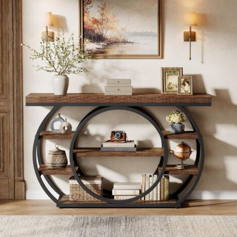 Tribesigns Table Console avec Base Circulaire étroite 120 x 30 x 80 cm Étagère de Rangement à 4 étages Ferme Industrielle Couloir Table Basse Rustique (Brun foncé)