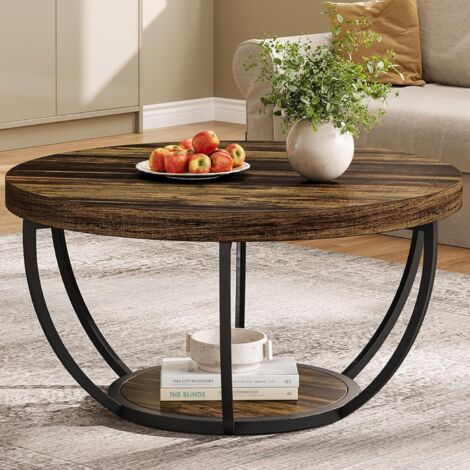 Tribesigns – Table basse ronde industrielle à 2 niveaux – Plateau en bois d'ingénierie 5 cm – Base en métal stable – Pour salon, bureau, salle de réception (1/5)