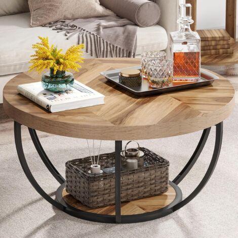 Tribesigns Table basse ronde de cocktail industrielle moderne à 2 niveaux avec étagères, table d'appoint de canapé circulaire avec pieds en métal pour le salon, la maison, grain de bois, marron