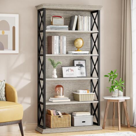 Tribesigns Bibliothèque industrielle à 6 niveaux, 180,3 cm, à poser au sol, 5 étagères de rangement pour la maison, le bureau, le salon, la chambre à coucher, gris et noir (1/5)