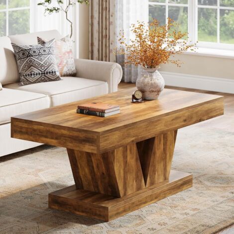 Tribesigns Table basse rectangulaire, Brun rustique, 120 x 60 x 51 cm, bois Mid-Century avec pied sculptural, meuble de salon de style champêtre