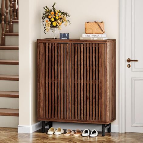 Tribesigns Armoire à chaussures 6 étages de style fermière avec portes à persiennes, meuble de rangement à chaussures en bois avec étagères réglables, grand meuble de rangement caché moderne pour entr