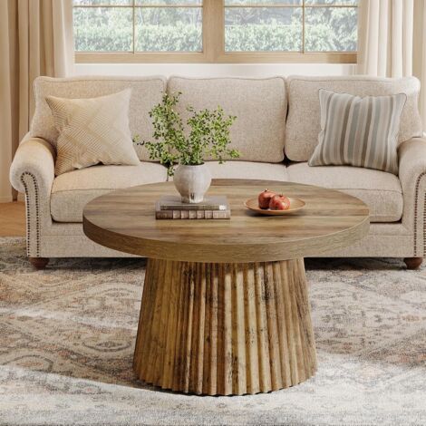 Tribesigns Table Basse Ronde, 80 cm, Table Centrale Circulaire Moderne avec Base en Tambour cannelé et Finition Grain de Bois, Table de Cocktail d'appoint Minimaliste pour Salon, Appartement (Marron)