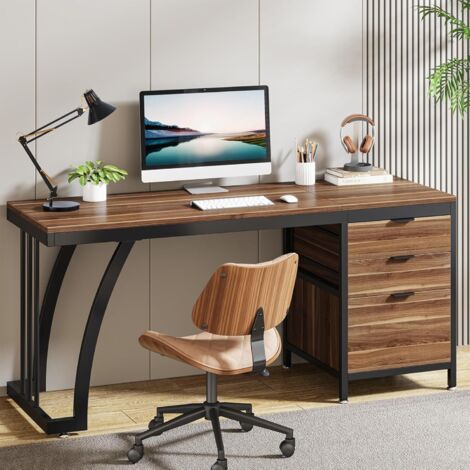 Tribesigns Bureau d'ordinateur avec 3 tiroirs 150 cm avec tiroirs réversibles - Bureau Industriel avec Plateau de Rangement (Noyer)