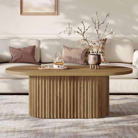 Tribesigns Table Basse Ovale, 120 x 60 x 45 cm, Table d'Accent de Style Campagnard en Bois avec Design Cannelé pour Salon, Bureau, Appartement, Brun Rustique
