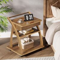 COSTWAY Table d'appoint avec roulettes, table basse avec poignée, table de salon avec tablette ouverte et panier en fil métallique, desserte pour salon, cuisine et chambre à coucher, brun rustique COSTWAY Table d'appoint avec roulettes, table basse avec poignée, table de salon avec tablette ouverte et panier en fil métallique, desserte pour salon, cuisine et chambre à coucher, brun rustique