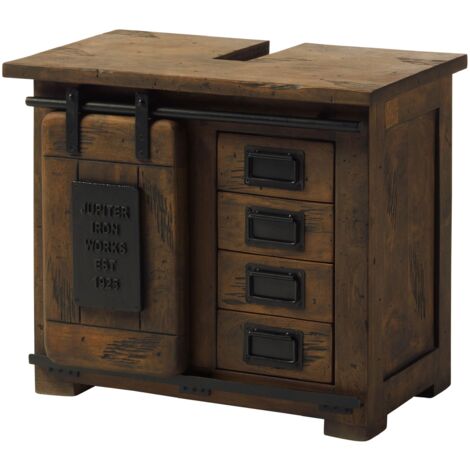 Massivmoebel24 – Armoire basse en bois de manguier huilé – Style industriel – Dimensions compactes – Détails en fer – 4 tiroirs et porte coulissante