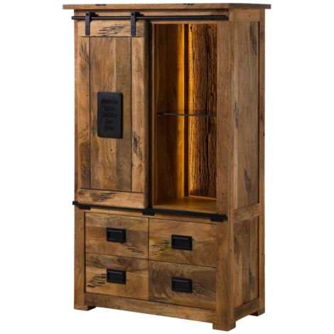 Massivmoebel24 – Buffet en bois de manguier naturel laqué 90x45x150 – Style industriel avec éclairage LED – Porte coulissante et tablette en verre amovible (1/4)