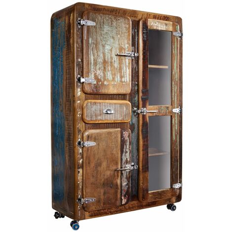 Massivmoebel24 – Vitrine 90x38 en bois de récupération laqué multicolore – Style industriel unique – Roulettes en métal pour réaménagement facile