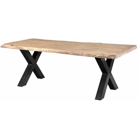 Massivmoebel24 – Table de salle à manger 180x90 en bois de manguier laqué beige – Pieds en X anthracite brillant – Design naturel avec courbes uniques