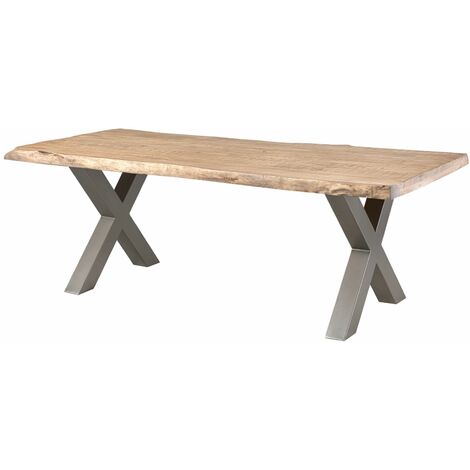 Massivmoebel24 – Table de salle à manger 180x90 en bois de manguier laqué beige – Pieds en X gris – Courbes naturelles et finition teintée