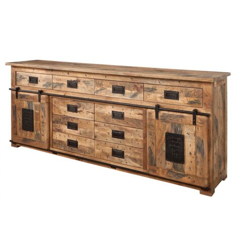 Massivmoebel24 – Buffet industriel 200x45 en manguier laqué – 2 portes coulissantes sur rails en fer – 10 tiroirs et 4 étagères pour rangement optimal