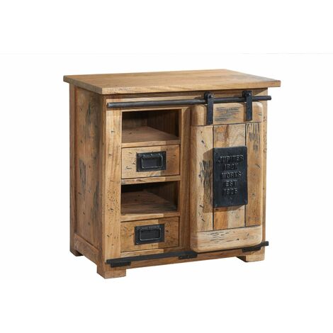 Massivmoebel24 – Buffet en bois de manguier 70x45 – Commode enfant avec porte coulissante – Style industriel – Grain unique et détails en fer foncé (1/4)