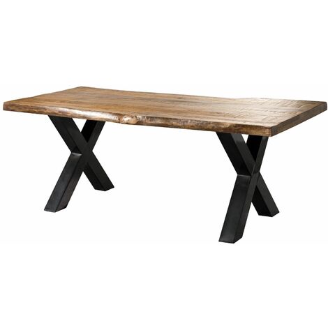Massivmoebel24 – Table à manger 180x90 en bois de manguier laqué naturel – Pieds en X anthracite brillant – Finition naturelle avec nervures visibles