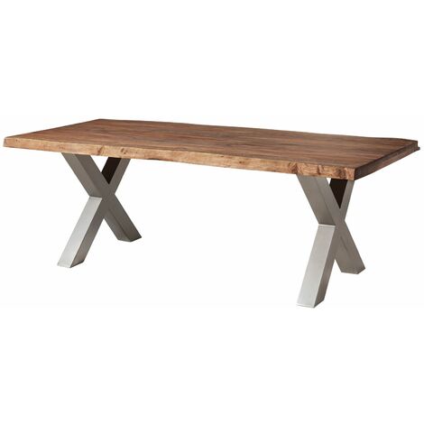 Table à manger 220x100 en bois de Sheesham teinté brun mat pieds en X gris FREEFORM 5
