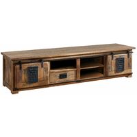 Massivmoebel24 – Meuble TV 200x55 en manguier laqué – Style industriel RAILWAY – Bois naturel avec éléments en fonte – Ambiance vintage