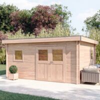 Abri de jardin NANTUA 20m² – Bois Douglas 55mm – Toit en acier – Double porte et 2 fenêtres en bois simple vitrage – Monnet Seve
