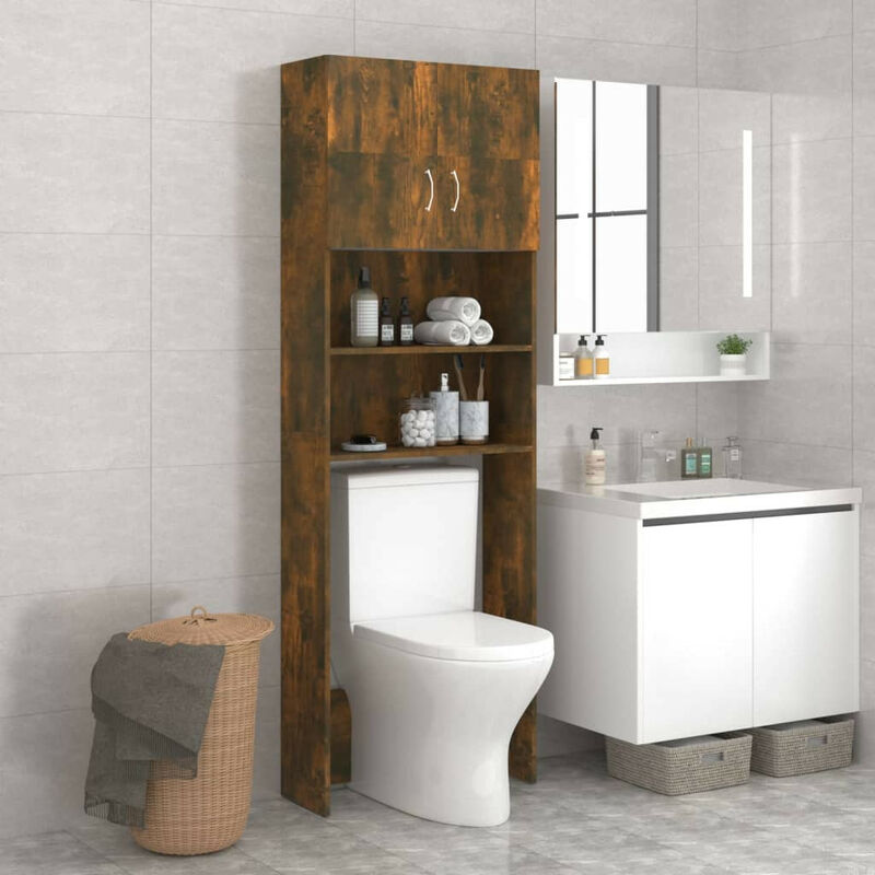 Armoire brune décor chêne fumé pour cacher lave-linge avec étagères et  armoire en hauteur