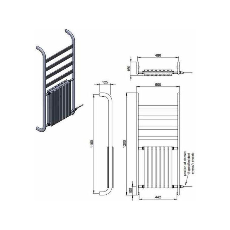 Vogue Decor/Harmonique Designer Dual Fuel Towel Rail - 1200mm x 500mm -  Chrome