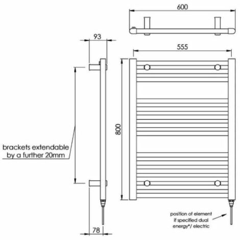 Vogue Focus Straight Electric Towel Rail 800mm x 600mm White