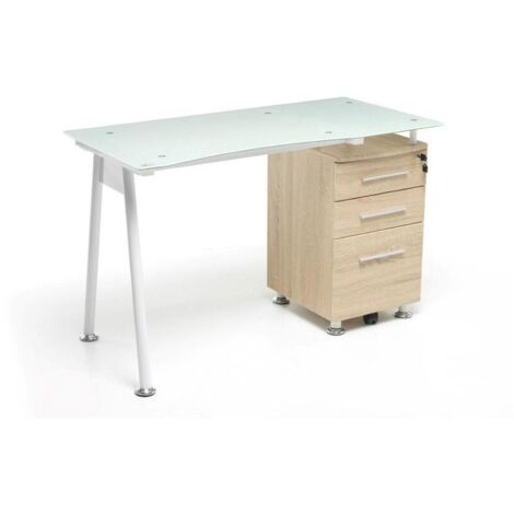 Scrivania da Ufficio Cameretta con Cassettiera Rovere Top in Vetro Porta Pc (1/2)