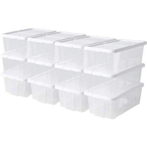 FIXKIT Set de 12 cajas de almacenaje 35 x 20 x 12,5 cm - cajas organizadoras con tapa, pack de cajas apilables ordenar ropa y contenedor transparente zapatos -