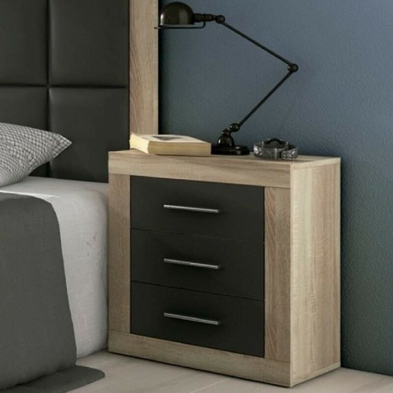 Mesita De Noche 3 cajones lara dormitorio liquidator modelo color cambrian grafito negro mesilla medidas 60 cm alto x 50 34.6