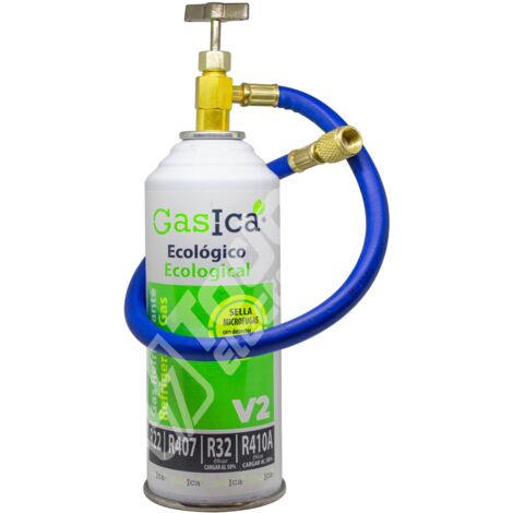 Pack Gas refrigerante ecológico GASICA V2 sustituto R22/R32/R407/R290 y R410A 226gr más manguera con llave