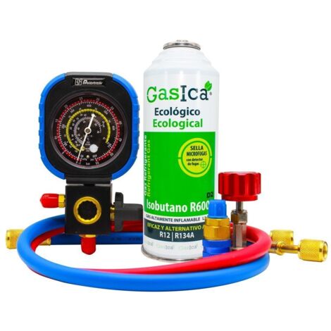 Pack Gasica D2 226g. Gas Refrigerante Orgánico Sustituto del R12 y R134A más manometro, llave y conector rápido