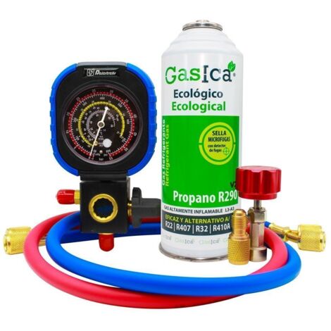 Gas refrigerante pack Gasica V2 sustituto del R22, R407, R32, R410A mas llave, manometro y adaptador