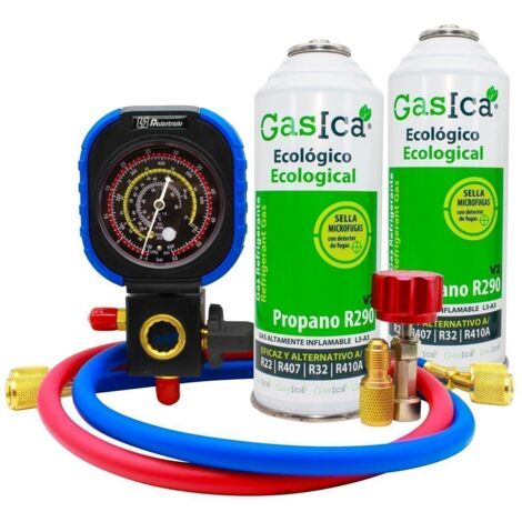 Gas refrigerante pack 2 Gasica V2 sustituto de los gases R22, R407, R32, R410A mas manometro