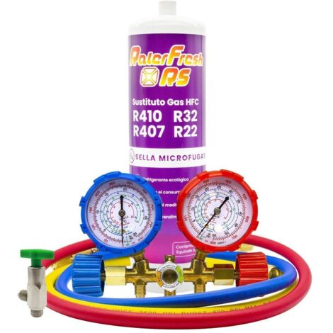 Gas refrigerante RALERFRESH RS sustituto de R410, R32, R407 y R22 mas llave, mangueras, manómetro