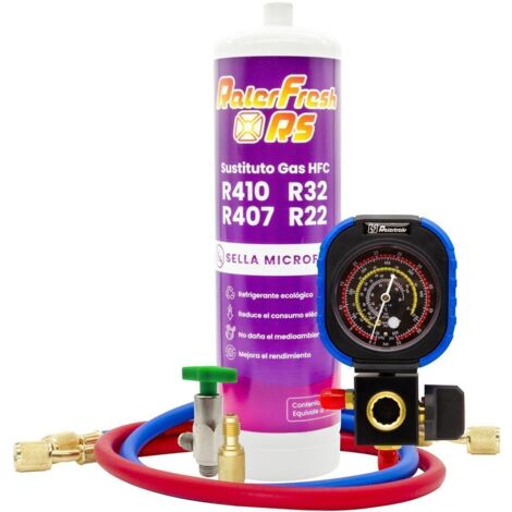 Gas refrigerante Ralerfresh RS sustituto de los gases R410, R32, R407 y R22 mas manómetro, mangueras, llave y adaptador