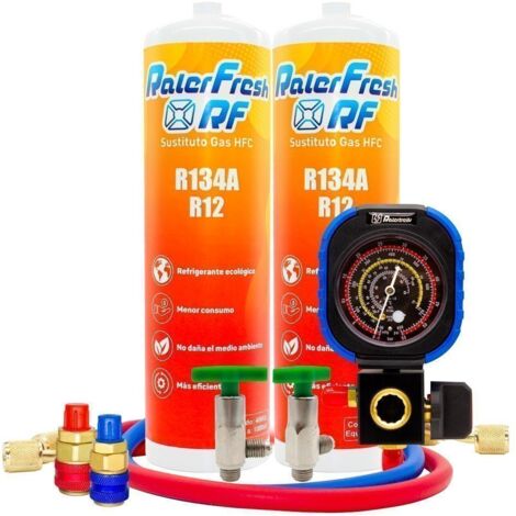 Pack 2 Botellas Ralerfresh RF sustituto del gas R12 y R134A mas llave, manometro y conectores (1/5)
