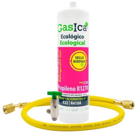 Botella Gas refrigerante GASICA C10 compatible con R32 R410A válvula incluida y manguera (1/5)