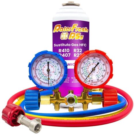 Gas refrigerante Ralerfresh RSs Compacto sustituto de R410, R32, R407 y R22 mas Llave, Mangueras, Manometro