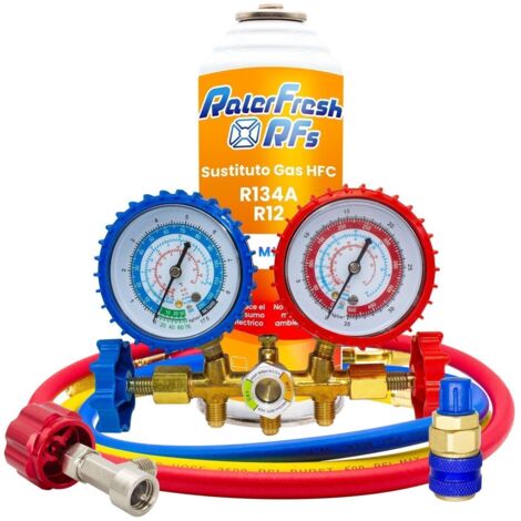 Gas Refrigerante Ralerfresh RFs para aire acondicionado de coche o nevera, sustituto del gas R12 y R134A con kit Manometro