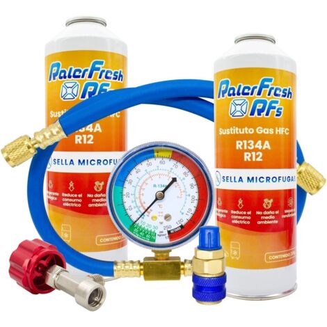 Pack 2 Gas Refrigerante Ralerfresh RFs para aire acondicionado coche o nevera, sustituto R12 y R134A manometro de manguera (1/5)