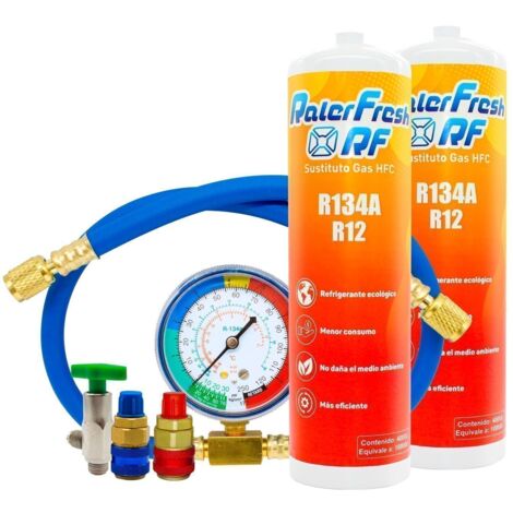 2 botellas Gas Refrigerante Ralerfresh RF, sustituto del R12 y R134A mas manometro con manguera y conectores (1/5)