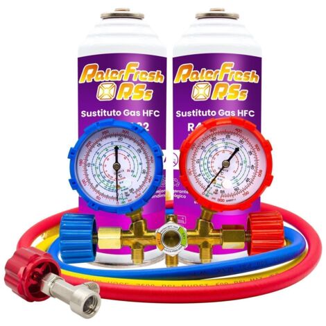 Pack 2 Gas refrigerante Ralerfresh RSs Compacto sustituto de R410, R32, R407 y R22 mas Llave, Mangueras, Manometro