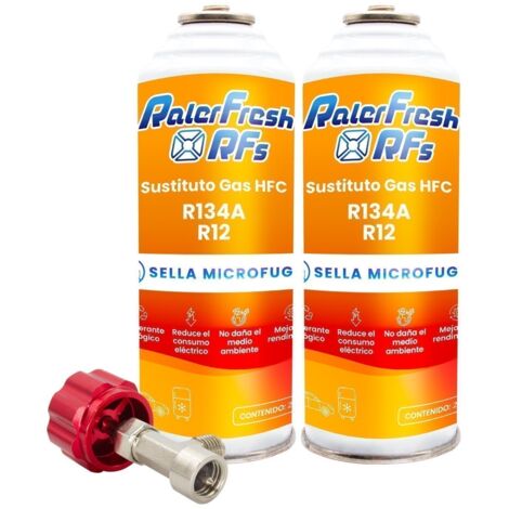 2 Botellas Gas Refrigerante Ralerfresh RFs para aire acondicionado de coche o nevera, sustituto gas R12 y R134A con Llave