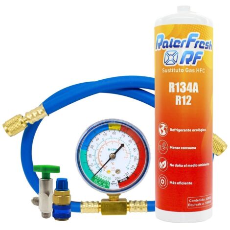 Gas Refrigerante Ralerfresh RF para aire acondicionado, sustituto del gas R12 y R134A mas manometro con manguera y conector