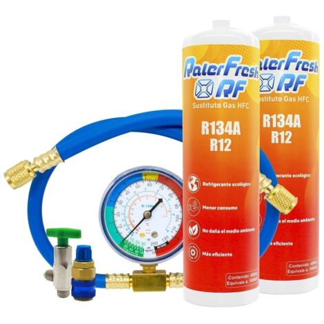 2 botellas Gas Refrigerante Ralerfresh RF, sustituto del R12 y R134A mas manometro con manguera y conector