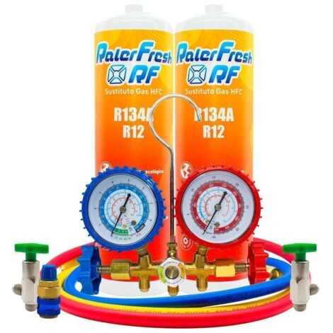 Pack 2 Botellas Ralerfresh RF sustituto del gas R12 y R134A mas llave, manometro R134 y conector rapido (1/5)