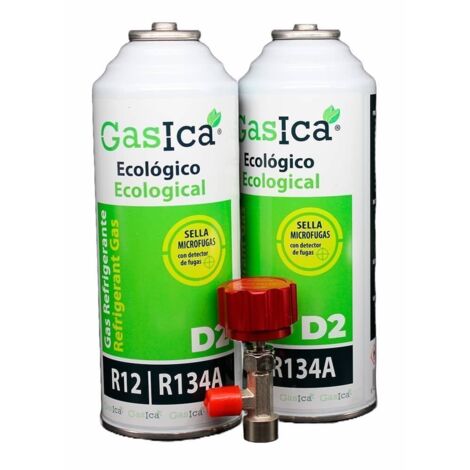Pack ahorro (2x226Gr) Botellas Gas Refrigerante Gasica D2 sustituto de R12, R134A con llave recarga Gas