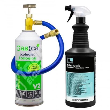 Gas Refrigerante Ecológico Gasica V2 Sustituto R32, R410, R22, R407, R290 más Manguera con Llave y Limpiador Filtros
