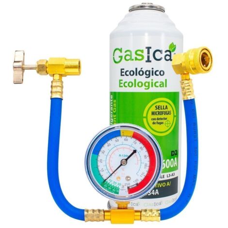 PACK botella Gasica D2 Gas refrigerante sustituto R12 y R134A y manguera con manómetro para recarga aire acondicionado