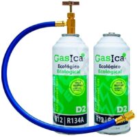 Pack ahorro (2x226Gr) Botellas Gas Refrigerante Ecológico Gasica D2 sustituto de R12, R134A más manguera con llave recarga Gas