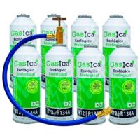 4 pack ahorro (2x226Gr) Botellas Gas Refrigerante Gasica D2 sustituto de R12, R134A más manguera con llave recarga Gas