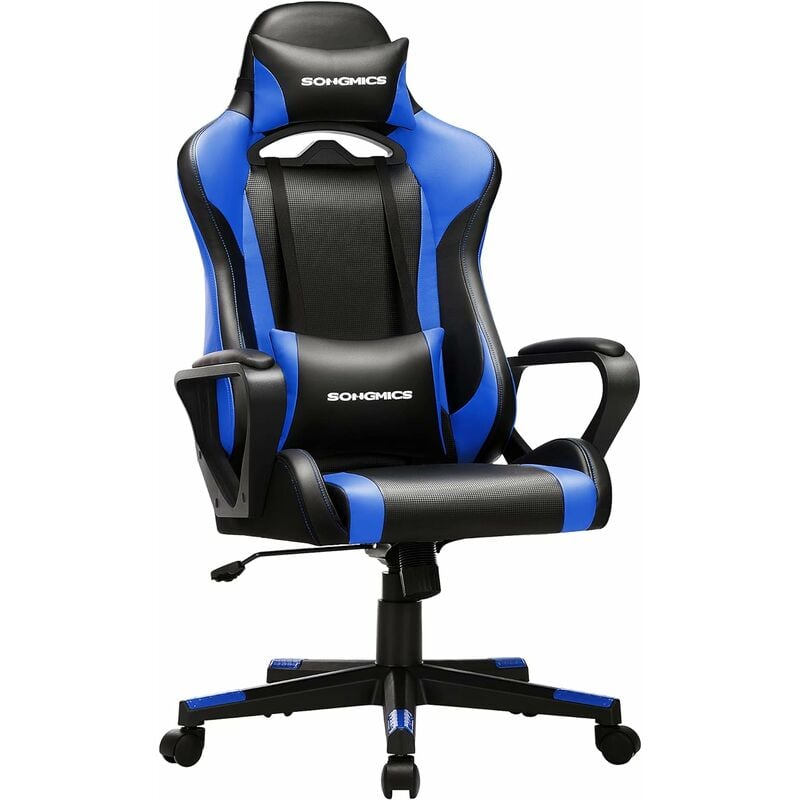 Gaming Stuhl, Schreibtischstuhl, Computerstuhl, Bürostuhl, abnehmbare  Kopfstütze, Lendenkissen, höhenverstellbar, Wippfunktion, bis 150 kg  belastbar, ergonomisch, schwarz-blau RCG011B02